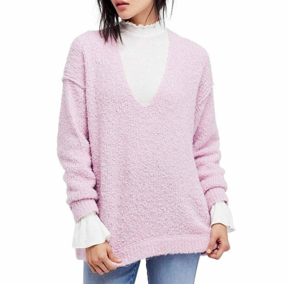 Free People Oversized Boucle V Neck Sweater Mauve Pink Size S
